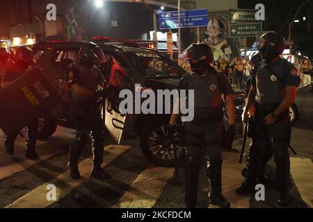 La police militaire lors d'une manifestation contre le président brésilien Jair Bolsonaro à Sao Paulo, Brésil, 29 mai 2021. (Photo de Felipe Beltrame/NurPhoto) Banque D'Images