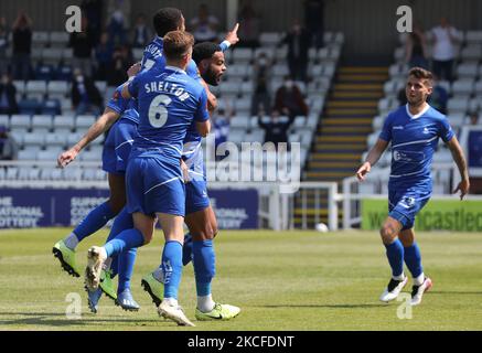 Ryan Johnson de Hartlepool United célèbre son premier but lors du match de la Vanarama National League entre Hartlepool United et Weymouth à Victoria Park, à Hartlepool, le samedi 29th mai 2021. (Photo de Mark Fletcher/MI News/NurPhoto) Banque D'Images