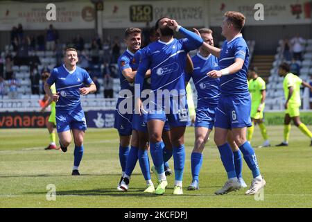 Ryan Johnson de Hartlepool United célèbre son premier but lors du match de la Vanarama National League entre Hartlepool United et Weymouth à Victoria Park, à Hartlepool, le samedi 29th mai 2021. (Photo de Mark Fletcher/MI News/NurPhoto) Banque D'Images