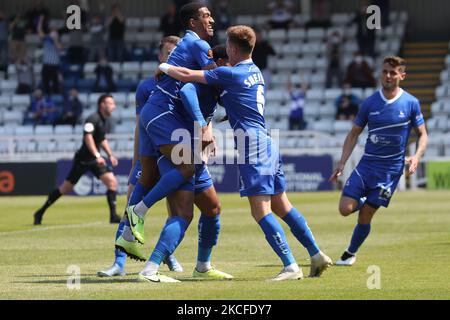 Ryan Johnson de Hartlepool United célèbre son premier but lors du match de la Vanarama National League entre Hartlepool United et Weymouth à Victoria Park, à Hartlepool, le samedi 29th mai 2021. (Photo de Mark Fletcher/MI News/NurPhoto) Banque D'Images