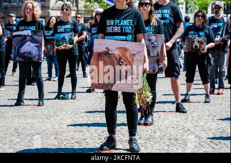 Des centaines d'activistes animaux tiennent des photos de cruauté envers les animaux, lors de la Journée nationale des droits des animaux qui s'est tenue à Amsterdam, sur 6 juin 2021. (Photo par Romy Arroyo Fernandez/NurPhoto) Banque D'Images