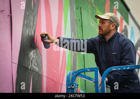 Artiste irlandais Maser, finissant sa nouvelle fresque située à l'angle de College Street et Dublin Street, dans la ville de Carlow. Le mardi 8 juin 2021, à Carlow, comté de Carlow, Irlande. (Photo par Artur Widak/NurPhoto) Banque D'Images