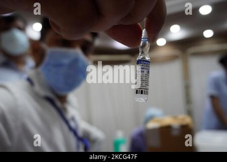 Un agent de santé présente un flacon de Spoutnik V, un vaccin contre le coronavirus (COVID-19) fabriqué par la Russie, avant d’inoculer des employés des laboratoires du Dr Reddy à l’hôpital Indraprastha Apollo de New Delhi, en Inde, sur 15 juin 2021. Le Centre a fixé le prix du vaccin à ?1 145 par dose. (Photo de Mayank Makhija/NurPhoto) Banque D'Images