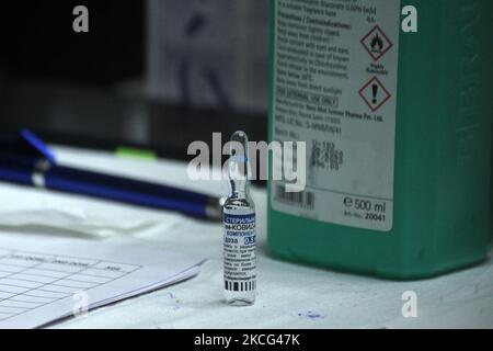 Un agent de santé présente un flacon de Spoutnik V, un vaccin contre le coronavirus (COVID-19) fabriqué par la Russie, avant d’inoculer des employés des laboratoires du Dr Reddy à l’hôpital Indraprastha Apollo de New Delhi, en Inde, sur 15 juin 2021. Le Centre a fixé le prix du vaccin à ?1 145 par dose. (Photo de Mayank Makhija/NurPhoto) Banque D'Images