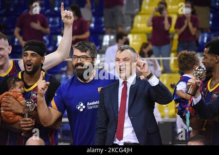 Sarunas Jasikevicius lors de la célébration du championnat de la Ligue a gagné contre le Real Madrid, le 15th juin 2021, à Barcelone, Espagne. -- (photo par Urbanandsport/NurPhoto) Banque D'Images