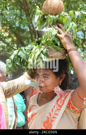 Femme hindoue tamoule avec une brochette faciale et des épingles dans le bras, alors qu'elle porte une marmite sur la tête remplie de lait et de miel et recouverte de feuilles de margosa pendant le festival Nallur Ter (festival Nallur Chariot) au Nallur Kandaswamy Kovil (temple de Nallur) à Jaffna, au Sri Lanka. Des centaines de milliers de fidèles hindous tamouls du monde entier ont assisté à ce festival. (Photo de Creative Touch Imaging Ltd./NurPhoto) Banque D'Images