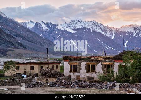 Maisons traditionnelles dans le village d'Abraan situé en haut dans l'Himalaya à Zanskar, Ladakh, Jammu et Cachemire, Inde. (Photo de Creative Touch Imaging Ltd./NurPhoto) Banque D'Images