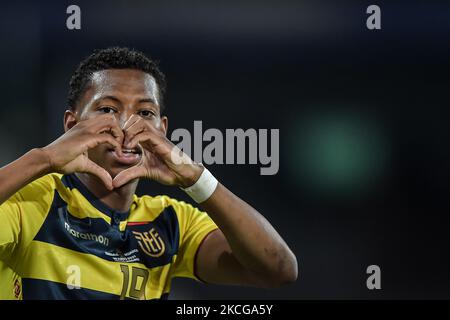 Plata Equador joueur célèbre son but pendant le match contre le Venezuela au stade Engenhão, pour la Copa America 2021, à l'Estadio Olímpico Nilton Santos sur 20 juin 2021 à Rio de Janeiro, Brésil. (Photo de Thiago Ribeiro/NurPhoto) Banque D'Images