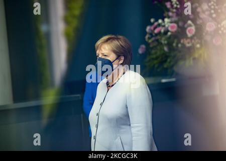 La chancelière allemande Angela Merkel attend l'arrivée du président de la Commission européenne Ursula von der Leyen à la chancellerie de Berlin, en Allemagne, sur 22 juin 2021. (Photo par Emmanuele Contini/NurPhoto) Banque D'Images