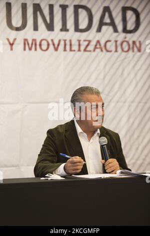 Raul Moron Orozco, chef du mouvement national de régénération (MORENA pour son acronyme en espagnol) dans l'État du Michoacán, a tenu une conférence de presse à Mexico au cours de laquelle il a nié les allégations de liens entre les membres de son parti et les groupes du crime organisé, Ils étaient également intervenus pour les favoriser aux élections de 6 juin. Sur 29 juin 2021, Mexico. (Photo par Cristian Leyva/NurPhoto) Banque D'Images