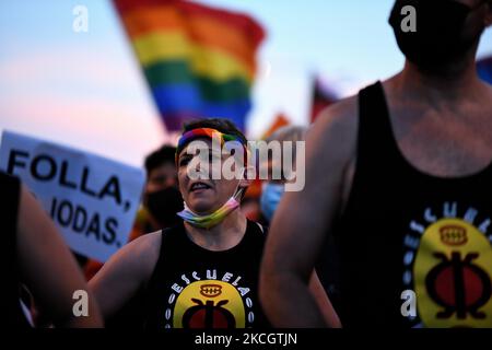 World Pride Madrid 2021 le 3rd juillet. Les membres de la FELGTB (Fédération nationale des lesbiennes, gays, transsexuels et bisexuels) et de la COGAM (Association des lesbiennes, gays, transsexuels et bisexuels de Madrid), en collaboration avec l'AEGAL, participent au défilé annuel de la fierté à Madrid sous la devise « les droits de l'homme ne sont pas négociés, ils sont légiférés : TRANS Law Now" à Madrid, le 3rd juillet 2021. (Photo de Juan Carlos Lucas/NurPhoto) Banque D'Images