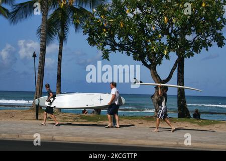 Surfeurs transportant leurs planches de surf le long de la plage de Kuhio à Waikiki, Hawaii, États-Unis. (Photo de Creative Touch Imaging Ltd./NurPhoto) Banque D'Images