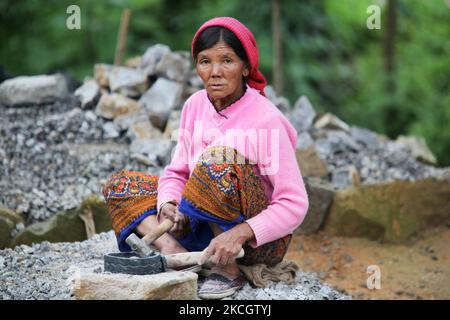 Une ouvrier népalais casse des roches en gravier avec un outil en caoutchouc avec une poignée en bois et un petit marteau à Khechuperi, Sikkim, Inde. Le gravier sera utilisé pour fabriquer du ciment pour la construction. (Photo de Creative Touch Imaging Ltd./NurPhoto) Banque D'Images