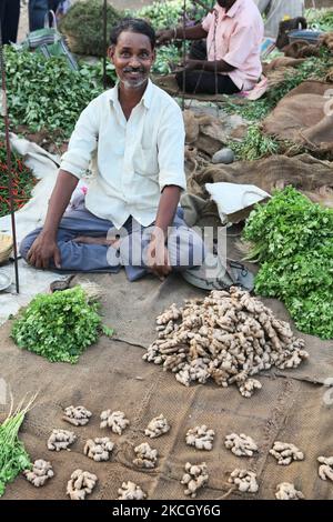 Man vend du curcuma et de la coriandre au bazar Shaniwaar Subzi, qui est le plus grand marché de fruits et légumes de la ville indienne de Nagpur, Maharashtra, Inde. (Photo de Creative Touch Imaging Ltd./NurPhoto) Banque D'Images