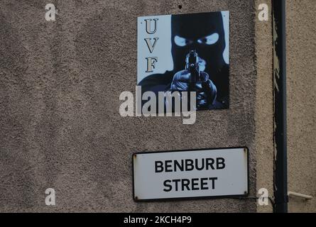 Un panneau « UVF » vu dans Benburb Street, Belfast. Le dimanche 11 juillet 2021, à Belfast, comté d'Antrim, Irlande du Nord (photo d'Artur Widak/NurPhoto) Banque D'Images