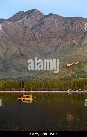 Bateau shikara sur le lac Dal nain par la grande toile de fond montagneuse à Srinagari, Cachemire, Inde, sur 21 juillet 2010. (Photo de Creative Touch Imaging Ltd./NurPhoto) Banque D'Images