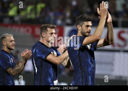 Andrea Ranocchia, du FC Internazionale, célèbre la victoire à la fin du match d'avant-saison entre Lugano et le FC Internazionale au stade Cornaredo de 17 juillet 2021 à Lugano, en Suisse. (Photo de Giuseppe Cottini/NurPhoto) Banque D'Images