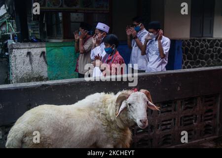 les musulmans indonésiens portant un masque protecteur lorsqu'ils assistent à la prière d'Eid Al Adha lors des restrictions d'urgence de la COVID-19 le 20 juillet 2021 à Bandung, Indonésie. (Photo par Algi Febri Sugita/NurPhoto) Banque D'Images