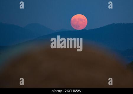 La Lune presque pleine, est de 95% augmente au-dessus du ciel de Rieti, Italie sur 23 juillet 2021. Le mois de juillet sera le seul sur 2021 à accueillir 5 phases lunaires. Un événement qui semble impossible. En fait, ce mois-ci, nous aurons jusqu'à 5 phases lunaires, contre les 4 qui sont habituellement alternés, en raison de la dernière éclipse lunaire qui excite les fans au début du mois. (Photo de Riccardo Fabi/NurPhoto) Banque D'Images