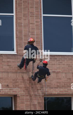 Des pompiers s'abaissent sur le côté d'un immeuble à Brampton, Ontario, Canada. (Photo de Creative Touch Imaging Ltd./NurPhoto) Banque D'Images