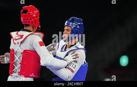 Hongyi Soleil de Chine et Ivan Sapina de Croatie pendant le Taekwondo aux Jeux Olympiques au Makuhari Messe Hall A, Tokyo, Japon sur 27 juillet 2021. (Photo par Ulrik Pedersen/NurPhoto) Banque D'Images