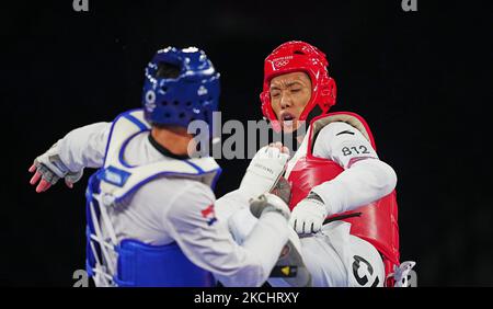 Hongyi Soleil de Chine et Ivan Sapina de Croatie pendant le Taekwondo aux Jeux Olympiques au Makuhari Messe Hall A, Tokyo, Japon sur 27 juillet 2021. (Photo par Ulrik Pedersen/NurPhoto) Banque D'Images