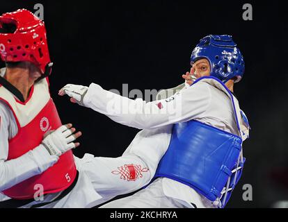 Hongyi Soleil de Chine et Ivan Sapina de Croatie pendant le Taekwondo aux Jeux Olympiques au Makuhari Messe Hall A, Tokyo, Japon sur 27 juillet 2021. (Photo par Ulrik Pedersen/NurPhoto) Banque D'Images