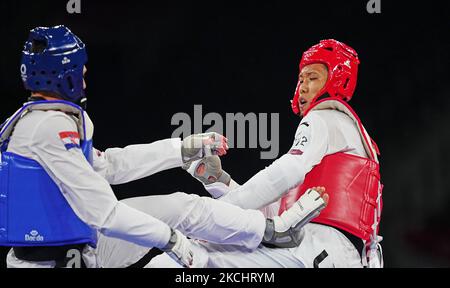 Hongyi Soleil de Chine et Ivan Sapina de Croatie pendant le Taekwondo aux Jeux Olympiques au Makuhari Messe Hall A, Tokyo, Japon sur 27 juillet 2021. (Photo par Ulrik Pedersen/NurPhoto) Banque D'Images