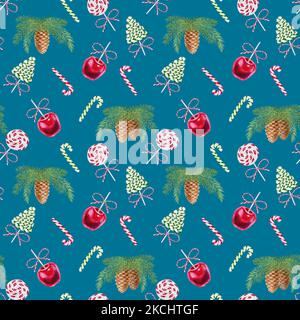 Noël traditionnel sucreries sans couture aquarelle motif. Des branches de conifères avec des cônes et un fond de fête pour le nouvel an pour le wrappin Banque D'Images