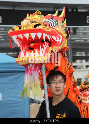 Les membres de la communauté chinoise exécutent une danse traditionnelle du dragon lors d'un événement culturel à Mississauga, en Ontario, au Canada. L'Ontario abrite une population énorme d'immigrants chinois, dont beaucoup sont venus au Canada après le retour de Hong Kong à la domination chinoise en 1997. (Photo de Creative Touch Imaging Ltd./NurPhoto) Banque D'Images