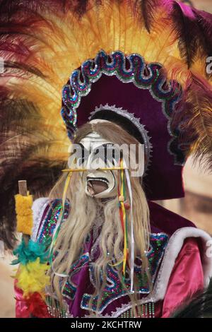 Danseuse bolivienne masquée vêtue d'un costume traditionnel dansant les Tobas lors d'un programme culturel à Mississauga, Ontario, Canada, on 04 juin 2011. Le Tobas est une danse populaire de Bolivie. La danse folklorique des Tobas parle de l'ancien passé de la Bolivie. Elle a ses racines à une époque où les Incas étaient la force prédominante dans la région des hauts plateaux andins. (Photo de Creative Touch Imaging Ltd./NurPhoto) Banque D'Images