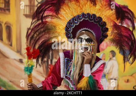 Danseuse bolivienne masquée vêtue d'un costume traditionnel dansant les Tobas lors d'un programme culturel à Mississauga, Ontario, Canada, on 04 juin 2011. Le Tobas est une danse populaire de Bolivie. La danse folklorique des Tobas parle de l'ancien passé de la Bolivie. Elle a ses racines à une époque où les Incas étaient la force prédominante dans la région des hauts plateaux andins. (Photo de Creative Touch Imaging Ltd./NurPhoto) Banque D'Images