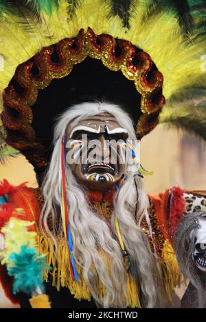 Danseuse bolivienne masquée vêtue d'un costume traditionnel dansant les Tobas lors d'un programme culturel à Mississauga, Ontario, Canada, on 04 juin 2011. Le Tobas est une danse populaire de Bolivie. La danse folklorique des Tobas parle de l'ancien passé de la Bolivie. Elle a ses racines à une époque où les Incas étaient la force prédominante dans la région des hauts plateaux andins. (Photo de Creative Touch Imaging Ltd./NurPhoto) Banque D'Images