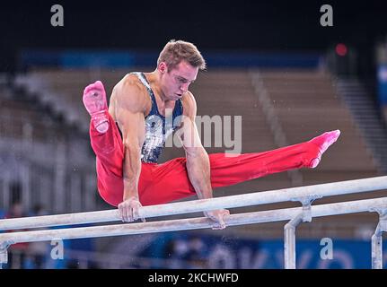 Samuel Mikulak des États-Unis d'Amérique pendant la finale de la gymnastique artistique de la mens tout autour de la finale aux Jeux Olympiques de Tokyo au Centre de gymnastique Ariake, Tokyo, Japon sur 28 juillet 2021. (Photo par Ulrik Pedersen/NurPhoto) Banque D'Images