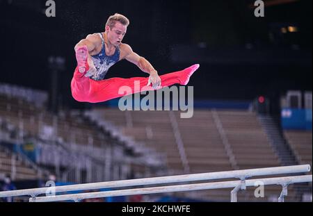 Samuel Mikulak des États-Unis d'Amérique pendant la finale de la gymnastique artistique de la mens tout autour de la finale aux Jeux Olympiques de Tokyo au Centre de gymnastique Ariake, Tokyo, Japon sur 28 juillet 2021. (Photo par Ulrik Pedersen/NurPhoto) Banque D'Images