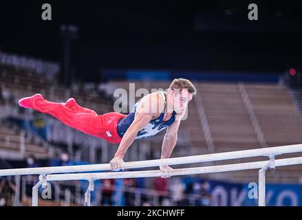 Samuel Mikulak des États-Unis d'Amérique pendant la finale de la gymnastique artistique de la mens tout autour de la finale aux Jeux Olympiques de Tokyo au Centre de gymnastique Ariake, Tokyo, Japon sur 28 juillet 2021. (Photo par Ulrik Pedersen/NurPhoto) Banque D'Images