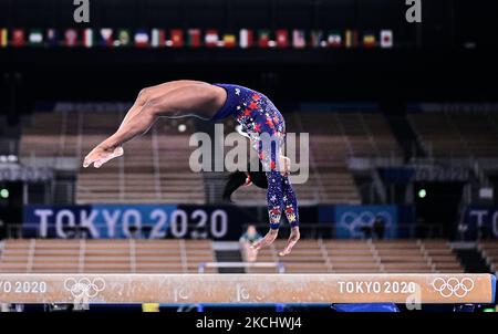 Simone Biles des États-Unis d'Amérique pendant la qualification des femmes pour la finale de gymnastique artistique aux Jeux Olympiques au Centre de gymnastique Ariake, Tokyo, Japon sur 25 juillet 2021. (Photo par Ulrik Pedersen/NurPhoto) Banque D'Images