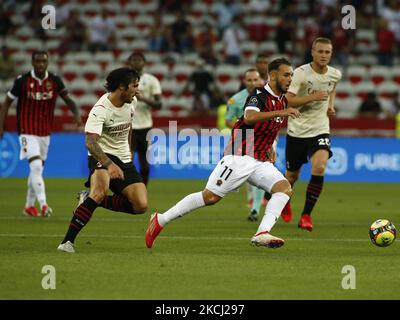 Amine Gouiri lors d'un match amical entre Nice et Milan à Nice, sur 31 juillet 2021. (Photo de Loris Roselli/NurPhoto) Banque D'Images