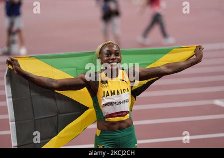 Elaine Thompson-Herah remporte l'or pendant 100 mètres pour les femmes aux Jeux olympiques de Tokyo, au stade olympique de Tokyo, à Tokyo, au Japon sur 31 juillet 2021. (Photo par Ulrik Pedersen/NurPhoto) Banque D'Images