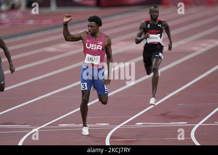 Noah Lyles remporte la médaille de bronze à 200 mètres pour les hommes aux Jeux Olympiques de Tokyo, au stade olympique de Tokyo, à Tokyo, au Japon sur 4 août 2021. (Photo par Ulrik Pedersen/NurPhoto) Banque D'Images