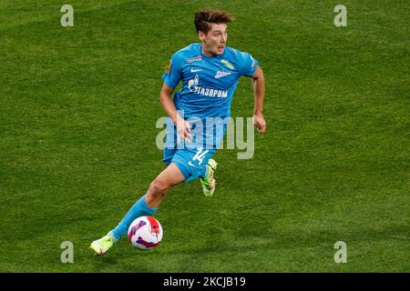 Daler Kuzyaev de Zenit en action pendant le match de la première Ligue russe entre le FC Zenit Saint-Pétersbourg et le FC Krasnodar sur 7 août 2021 à l'arène Gazprom à Saint-Pétersbourg, en Russie. (Photo de Mike Kireev/NurPhoto) Banque D'Images