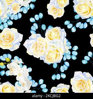 Fleurs blanches et branches d'eucalyptus turquoise transparent motif aquarelle sans couture. Fleurs roses et orchidées fond sans fin pour le tissu et Banque D'Images