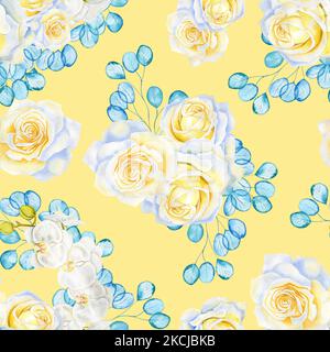 Fleurs blanches et branches d'eucalyptus turquoise transparent motif aquarelle sans couture. Fleurs roses et orchidées fond sans fin pour le tissu et Banque D'Images