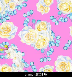 Fleurs blanches et branches d'eucalyptus turquoise transparent motif aquarelle sans couture. Fleurs roses et orchidées fond sans fin pour le tissu et Banque D'Images