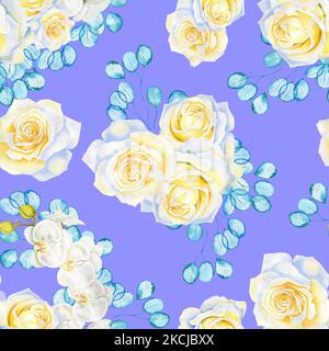 Fleurs blanches et branches d'eucalyptus turquoise transparent motif aquarelle sans couture. Fleurs roses et orchidées fond sans fin pour le tissu et Banque D'Images