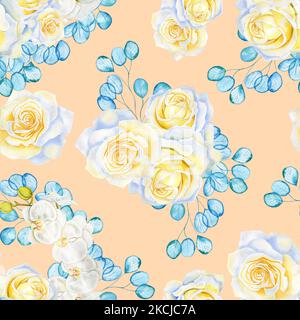 Fleurs blanches et branches d'eucalyptus turquoise transparent motif aquarelle sans couture. Fleurs roses et orchidées fond sans fin pour le tissu et Banque D'Images