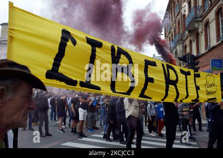 Des milliers de manifestants sont descendus dans la rue à Toulouse contre la vaccination presque obligatoire et contre la carte sanitaire obligatoire après le discours de Macron sur 12 juillet. Plus de 234000 personnes ont démostré dans toute la France, contre 200000 la semaine dernière. Sur 12 juillet, Macron a annoncé que la carte santé sera obligatoire pour accéder à un large éventail de lieux publics tels que les cafés, les théâtres, la salle de concerts, les cinémas, les centres commerciaux, Les transports publics, les piscines publiques et même les hôpitaux, à moins d'une situation critique, etc. L'interdiction des espaces publics pour les personnes non vaccinées commencera le 9T août Banque D'Images