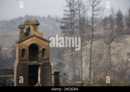 Après un feu de forêt près du village de Pefki, dans l'île grecque d'Evia (Euboea), sur 10 août 2021. (Photo de Nicolas Economou/NurPhoto) Banque D'Images