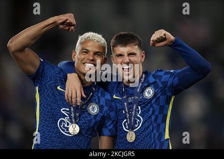 Thiago Silva, Christian Pulisic de Chelsea lors du match de finale de la Super coupe de l'UEFA entre Chelsea CF et Villarreal CF au parc Windsor sur 11 août 2021 à Belfast, en Irlande du Nord. (Photo de Jose Breton/Pics action/NurPhoto) Banque D'Images