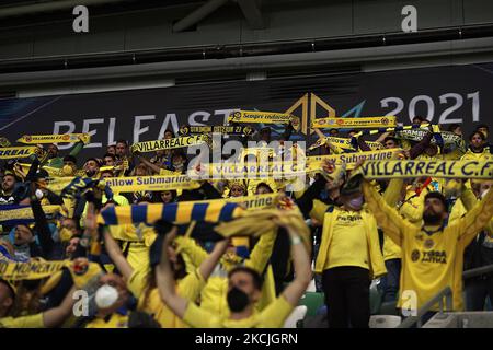 Supporters de Villarreal lors du match de finale de la Super coupe de l'UEFA entre Chelsea CF et Villarreal CF au parc Windsor sur 11 août 2021 à Belfast, en Irlande du Nord. (Photo de Jose Breton/Pics action/NurPhoto) Banque D'Images